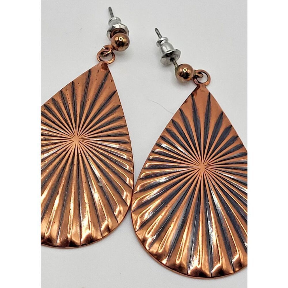 Art Deco Teardrop Starburs Dangle Copper Earrings 2.25in